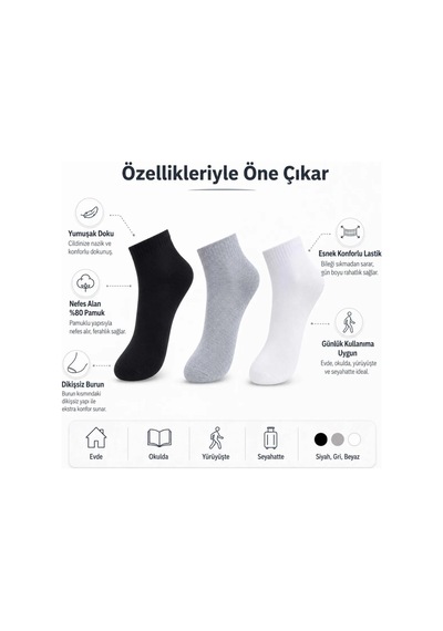 Genel Erkek Kısa Konç Çorap 6'lı %80 Pamuklu Dikişsiz Burun, Nefes Alan, Siyah Çok Renkli 6'lı / 36-40