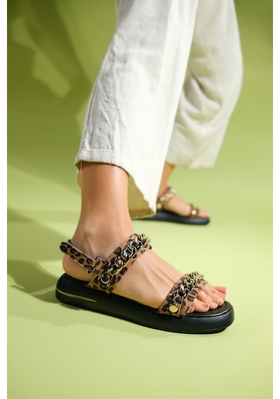 Luvishoes Loket Siyah Sarı Desenli Zincir Detaylı Kadın Sandalet Sarı - Siyah