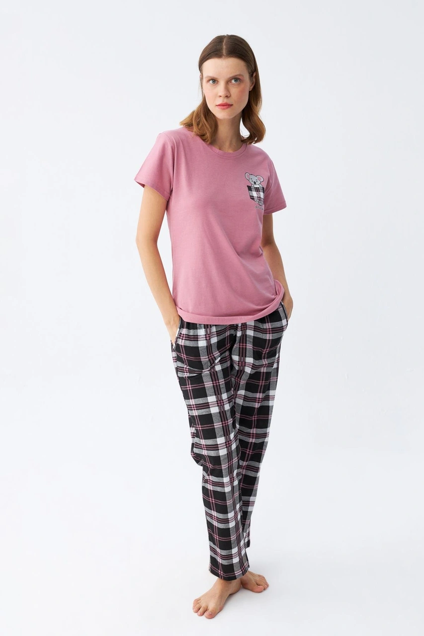 Akbeniz Kadın Somon Ayıcık Baskılı Ekoseli Penye Pijama Takımı SOMON