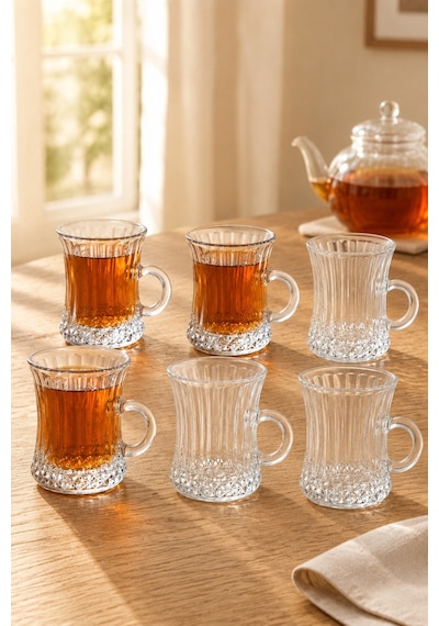 6 Lı Kulplu Cam Çay Bardağı Seti Şık Desenli İnce Belli Çay Bardağı Çok renkli