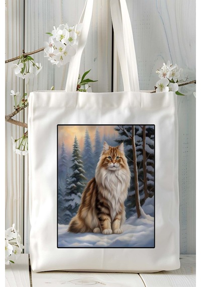 Art Hediye Sibirya Kedisi Kedi Baskılı Omuz Çanta Kişiye Özel Model 2 Çok Renkli