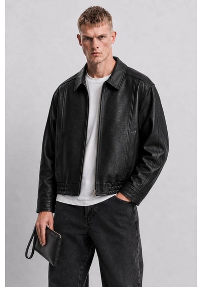 Ohepmoda Oversize Rahat Kalıp Lastikli Erkek Deri Ceket Siyah