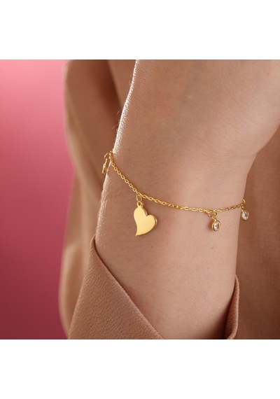 Queen Silver Jewelry 925 Ayar Gümüş. Kalp Objeli Zirkon Taş Sallantılı Bileklik Altın