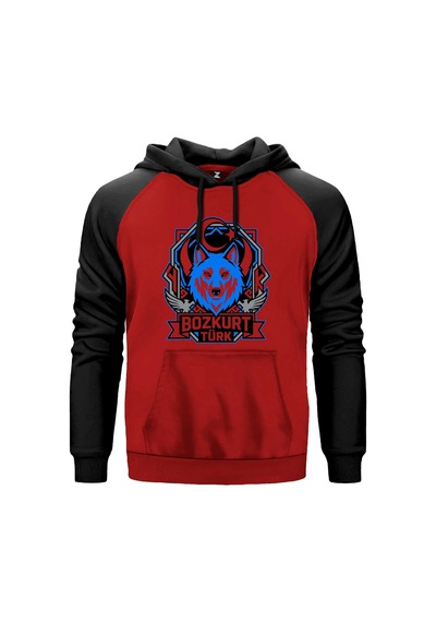 Mavi Ay Yıldız Amblemli Bozkurt Türk Baskılı Kırmızı Renk Reglan Kol Sweatshirt Kapşonlu