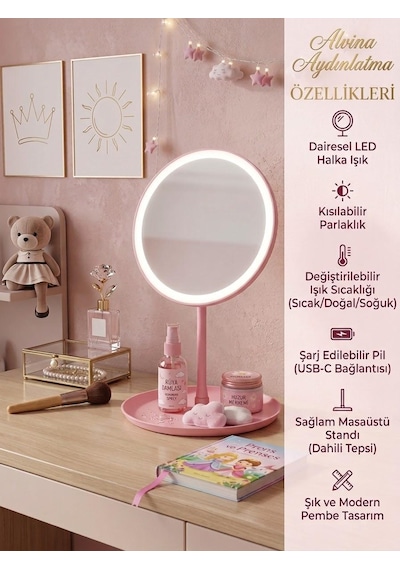 Led Işıklı Dimmerli Usb Şarjlı Dokunmatik Makyaj Aynası Pembe - 3 Renk Işık Modu 360 Döner Masaüstü Ayna Yuvarlak