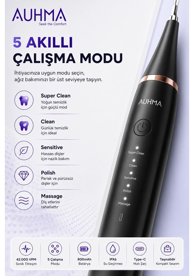 Ultrasonic Şarjlı Elektrikli Akıllı Diş Temizleme Cihazı Beyazlatıcı 5 Mod 3+1 Başlık, Ipx8 Su Geçirmez Siyah Diğer