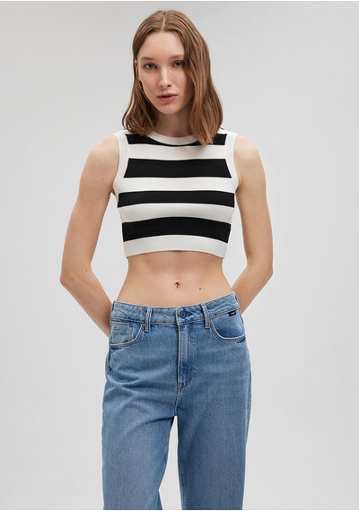 Mavi - Çizgili Crop Triko Top 1710098-85407 Siyah