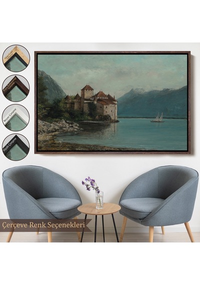 Ahşap Çerçeveli Gustave Courbet - Cenevre Gölü'ndeki Chillon Kalesi Tablo-7094