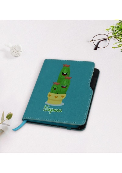Kişiye Özel Kaktüs Tasarımlı Turkuaz Termo Deri Defter-9 Yeşil