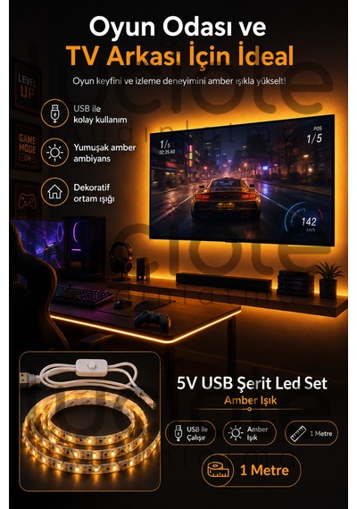 1 Metre 5v Usb Amber Şerit Led Aç Kapa Anahtarlı Mutfak Tv Arkası Masa Kamp Dekoratif Işık