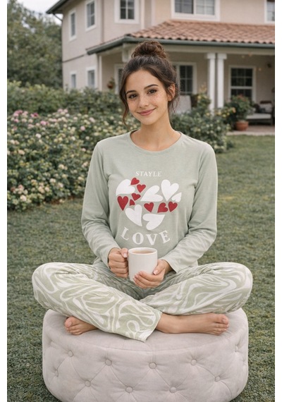 Rindahomewear Kadın Love Baskılı Süprem Uzun Kol Pijama Takımı Haki