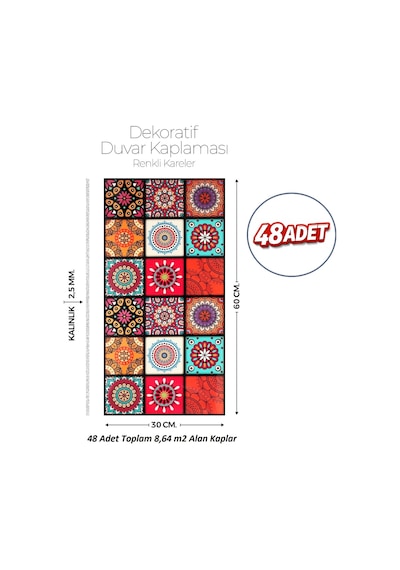 30x60 Cm Kendinden Yapışkanlı Duvar,banyo,tezgah Arası Çok Renkli -48 Adet 9-2-48