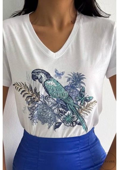 Cassime Kadın Beyaz V Yaka Papağan Pul Payet İşlemeli %100 Pamuk Tişört Büyük Beden Xl-2xl-3xl Cassime Kadın Beyaz V Yaka Papağan Pul Payet İşlemeli %100 Pamuk Tişört Büyük Beden Xl-2xl-3xl