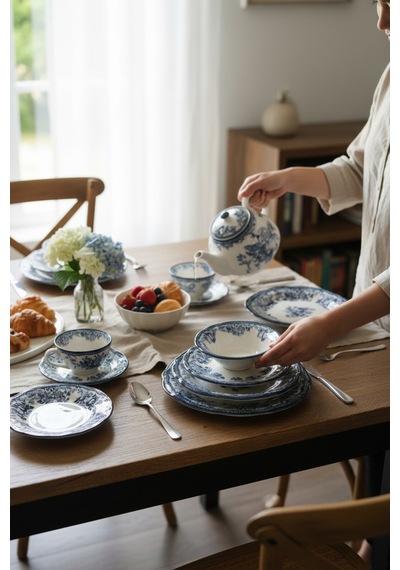 Akayev Porselen Vintage Blue 24 Parça Yemek Takımı Mavi