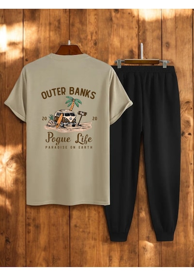 Uyguntarz Unisex Outer Banks Tasarım Basklı Tshirt Eşofman Takımı Bej