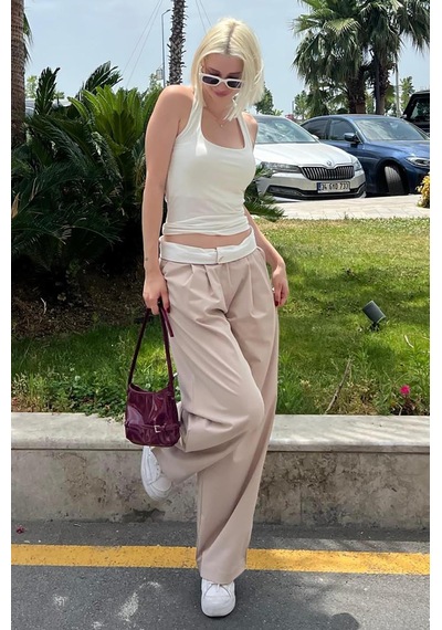 Madmext Bej Yüksek Bel Rahat Kesim Bol Paça Pantolon Mg2120-bej Bej