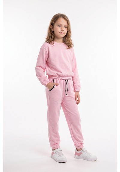 Panios Kids 2'li Yuvarlak Yakalı Beli Lastikli Crop Kesim 4 Parça Kız Çocuk Alt Üst Eşofman Takımı Pembe-kırmızı