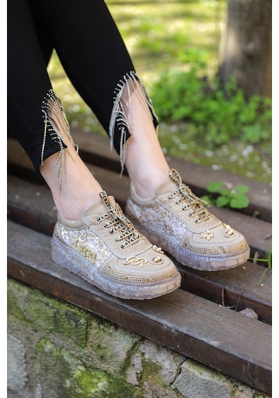 Astra Taşlı Desenli Şeffaf Taban Bej Renkli Kadın Sneaker-bej Bej