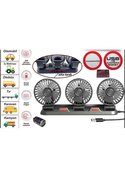 Vantilatör 12v Usb Soketli Torpido Üstü 3 Lü+numaratörlü