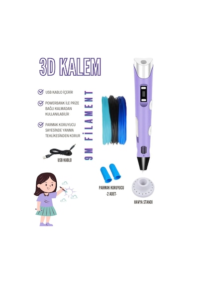Mor 3D Kalem 3D Pen Yazıcı Kalem – 3 Adet 3 Metrelik PLA Filament (Toplam 9M) + USB Kablo Mor 3D Kalem 3D Pen Yazıcı Kalem – 3 Adet 3 Metrelik PLA Filament (Toplam 9M) + USB Kablo