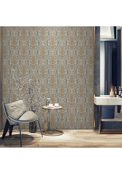 Adawall Eternal Glory Design Wallpaper - Damask Desen Rococo 1312-3/15 Kahverengi Mavi 1.06x15.6m - 16.5m² Çok Renkli