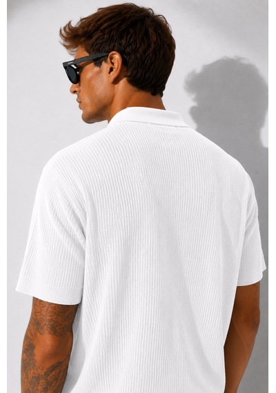 Ribana Erkek Kısa Kollu Fitilli Yarım Düğme Kapama Polo Yaka T-shirt 26001 Beyaz
