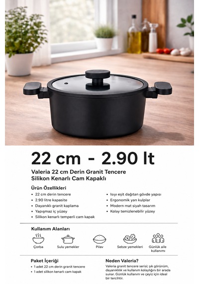Valeria 22 Cm Derin Granit Tencere Silikon Kenarlı Cam Kapaklı Siyah Yapışmaz Tencere