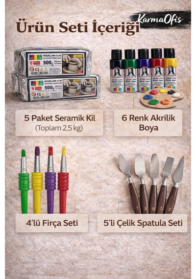 Seramik Hobi Başlangıç Seti 5x500gr Kil + 6 Renk Akrilik Boya + Spatula + 4'lü Fırça Seramik Hobi Başlangıç Seti 5x500gr Kil + 6 Renk Akrilik Boya + Spatula + 4'lü Fırça