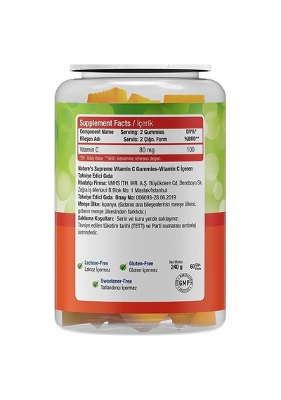 Natures Supreme Gummies Vitamin C 60 Çiğnenebilir Form Portakal