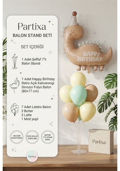 Happy Birthday Retro Açık Kahverengi Dinozor Balon Stand Seti Şeffaf 7 Li Stand + Dinozor Folyo Balon 80 77 Cm + 7 Lateks Balon
