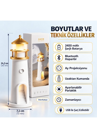 Hymark Deniz Feneri Ay Led Projeksiyon Lamba Bluetooth Hoparlör Kumanda Dimmer 2400 Mah Pil Beyaz