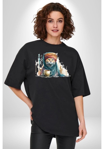 Türk Kahvesi Kedi Pamuklu Bisiklet Yaka Unisex Oversize Boyfriend Dijital Baskılı Siyah T-shirt Siyah