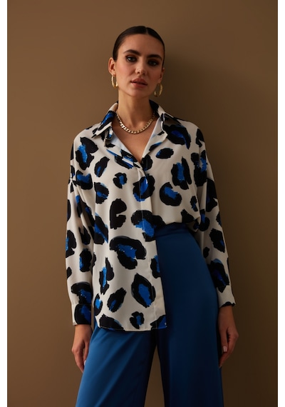 Sateen Renkli Leopar Desenli Salaş Gömlek - Sax Mavi Saks