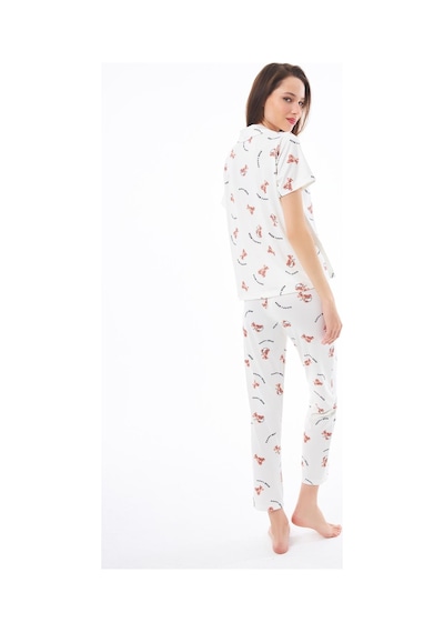 Cottonhill Premium Kadın Pijama Takımı Ayıcık Desenli Yumuşak Dokulu Kısa Kollu Gömlek Yaka Krem