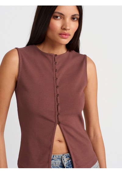 Dilvin 31701 Düğme Detaylı Kolsuz Top-kahve Kahve