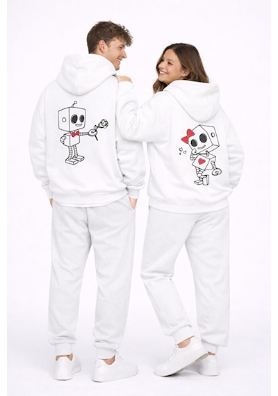 Robot Baskılı Sevgili Kombini Oversize Hoodie Seti Kadın Erkek Un Beyaz