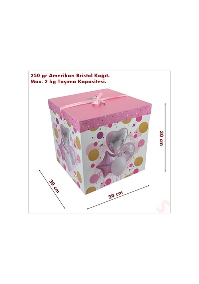 Kapaklı, Katlanır Demonte Karton Kutu, 30cm - Balon & Pembe