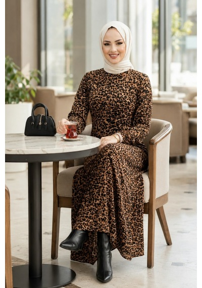 Hb Harma Time Butik Kadın Fermuarlı Leopar Desenli Viskon Tesettür Elbise Siyah