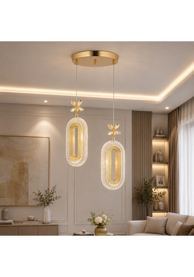 2 Li Defne 3 Renk Modlu Kristal Taşlı Ledli Sarkıt Avize Sarı