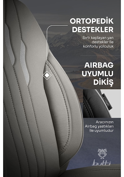 Gri - Gri Buttı Talos Serisi Premium Oto Koltuk Kılıfı Ortopedik Destekli, Ön Arka Tam Set, Aırbag Uyumlu