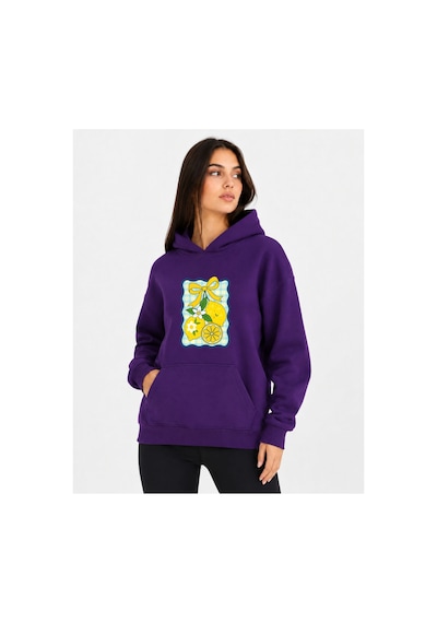 Herkesemoda Limon Baskılı Kapüşonlu 2 İplik Şardonlu Sweatshirt Mor