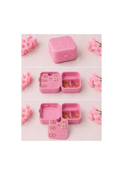 Pembe Çiçek Kabartmalı Takı Ve Mücevher Kutusu - Bölmeli Küpelik Yüzüklük Organizer 88x183x33 Mm Pembe