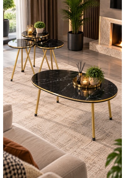 Sulorahome Siyah Ve Gold Metal Ayaklı 4'lü Sehpa Seti Siyah - Altın