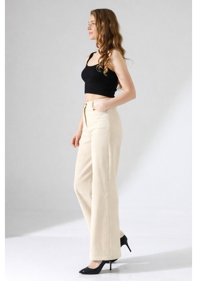 Gugus Kadın Trend Süet Palazzo Pantolon Wide Leg Ekru