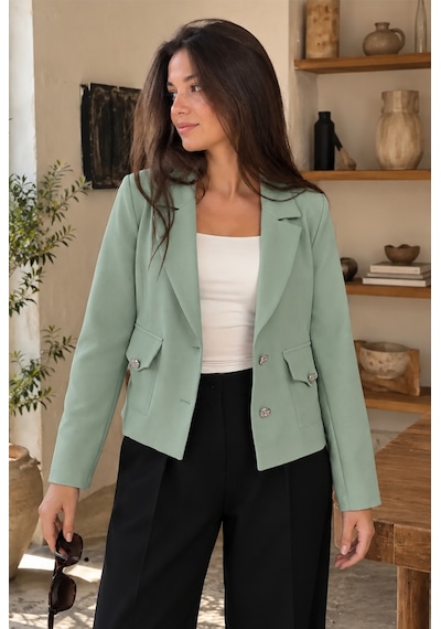 Armonika Kadın Çağla Yeşili Erkek Yaka Kare Cepli Crop Ceket Arm-26k001026