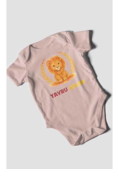 Yavru Aslan Baskılı Bebek Zıbını Çıtçıtlı Body 8 Renk %100 Pamuk Kısa Kol Pastel Pembe