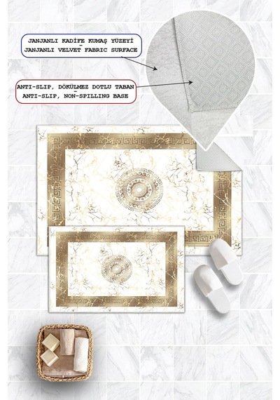 Dijital Baskı Mermer Desen Kaymaz Taban 2li Set Banyo Paspası Klozet Takımı 50x60cm-60x100cm Gold