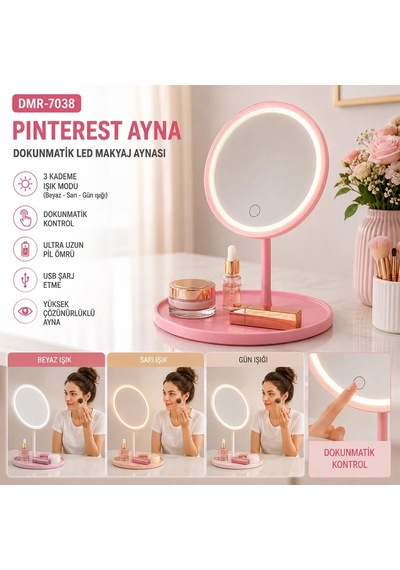 Yuvarlak 3 Kademe Dokunmatik Led Makyaj Aynası Beyaz-sarı-günışığı 5468 Çok Renkli