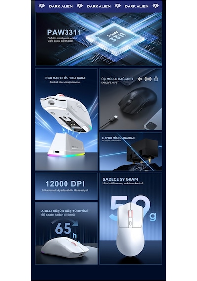 Dark Alien X1 Kablosuz 3 Modlu Oyuncu Mouse- 59 Gram 400 Mah Batarya- Makrolu Diğer