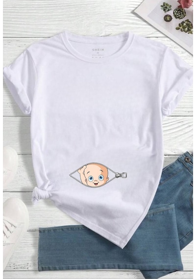 Caxis Fermuar Bebek Baskılı Oversize Hamile Tişört Beyaz